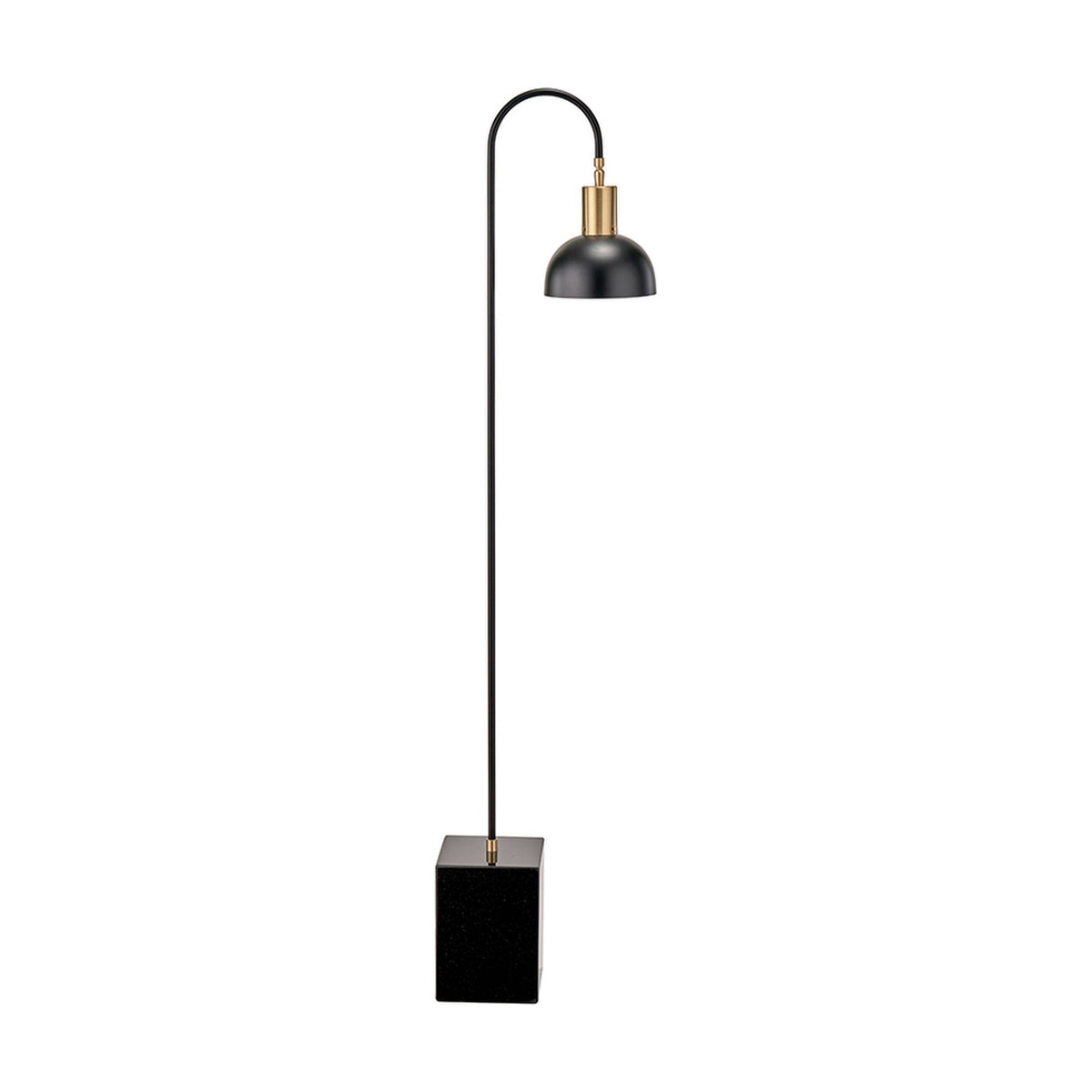 Mayfair Matt Black Domed Task Floor Lamp, 141cm, with curved metal stem, brass accents, and black marble cube base on a plain white background.