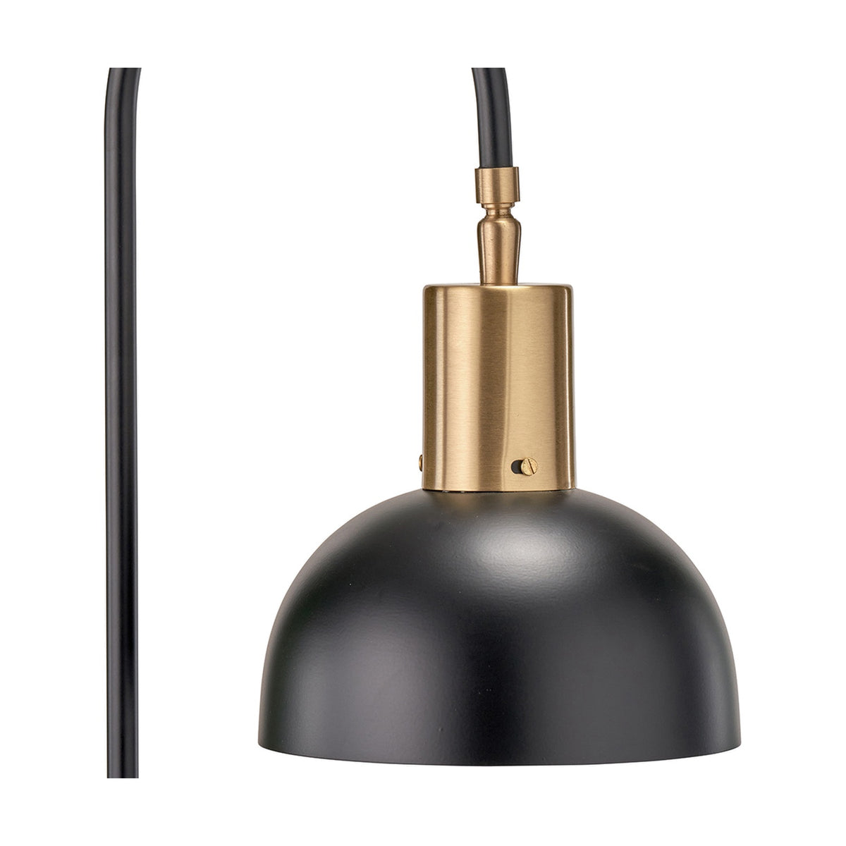Mayfair Matt Black Domed Task Floor Lamp, close-up of the dome shade and brass fitting with black cable, shown beside the slim black pole on a white background.