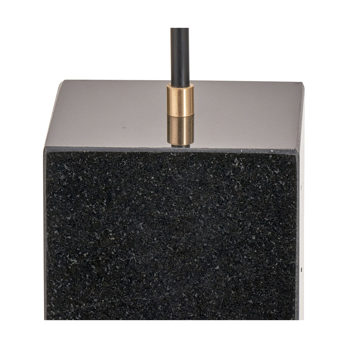 Close-up of the Mayfair Matt Black Domed Task Floor Lamp's black granite base with brass-collared rod, shown against a plain white background.