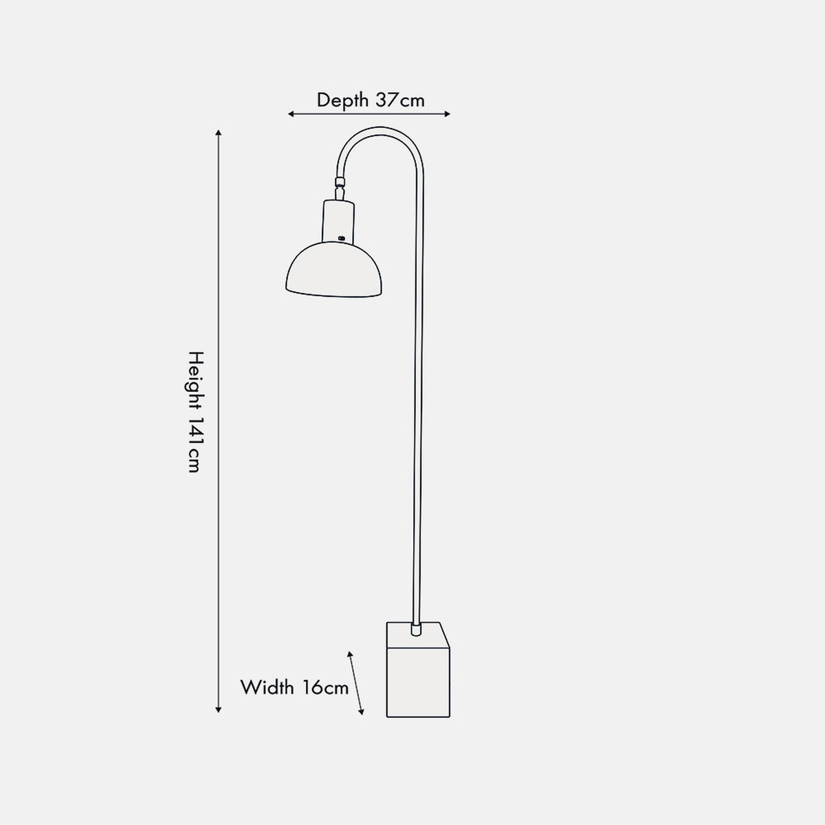 Mayfair Matt Black Domed Task Floor Lamp, 141cm, with curved arm, dome shade and square base, shown as a line diagram with height, depth and width dimensions on a plain background.