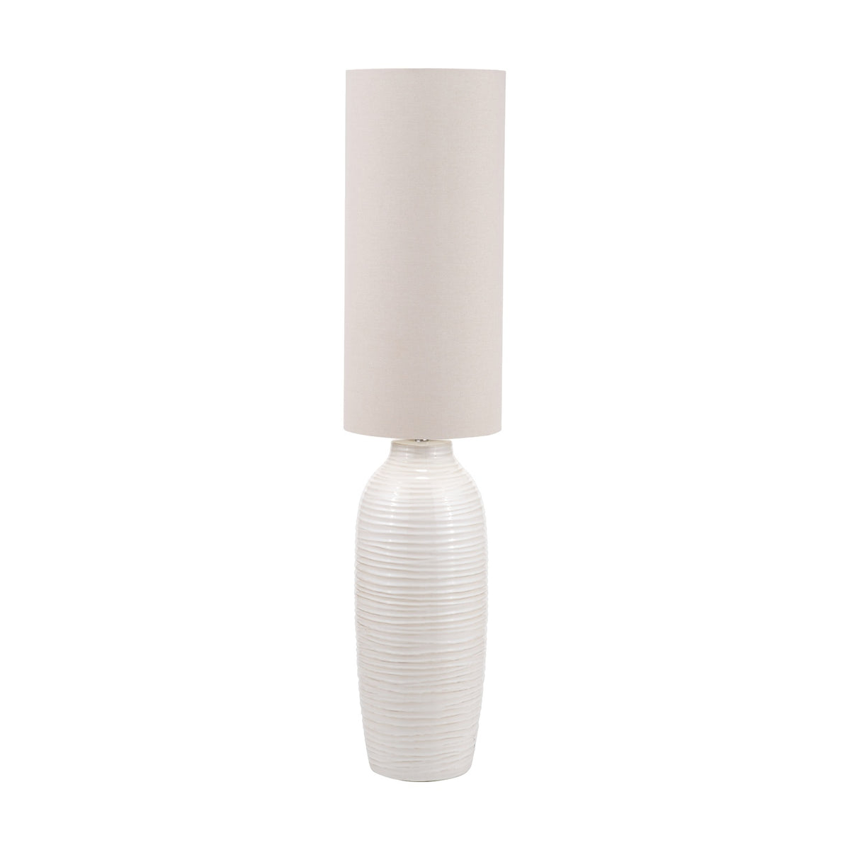Linnea White Grooved Ceramic Floor Lamp, 135cm, with ridged white ceramic base and tall cylindrical linen shade, shown against a plain white background.