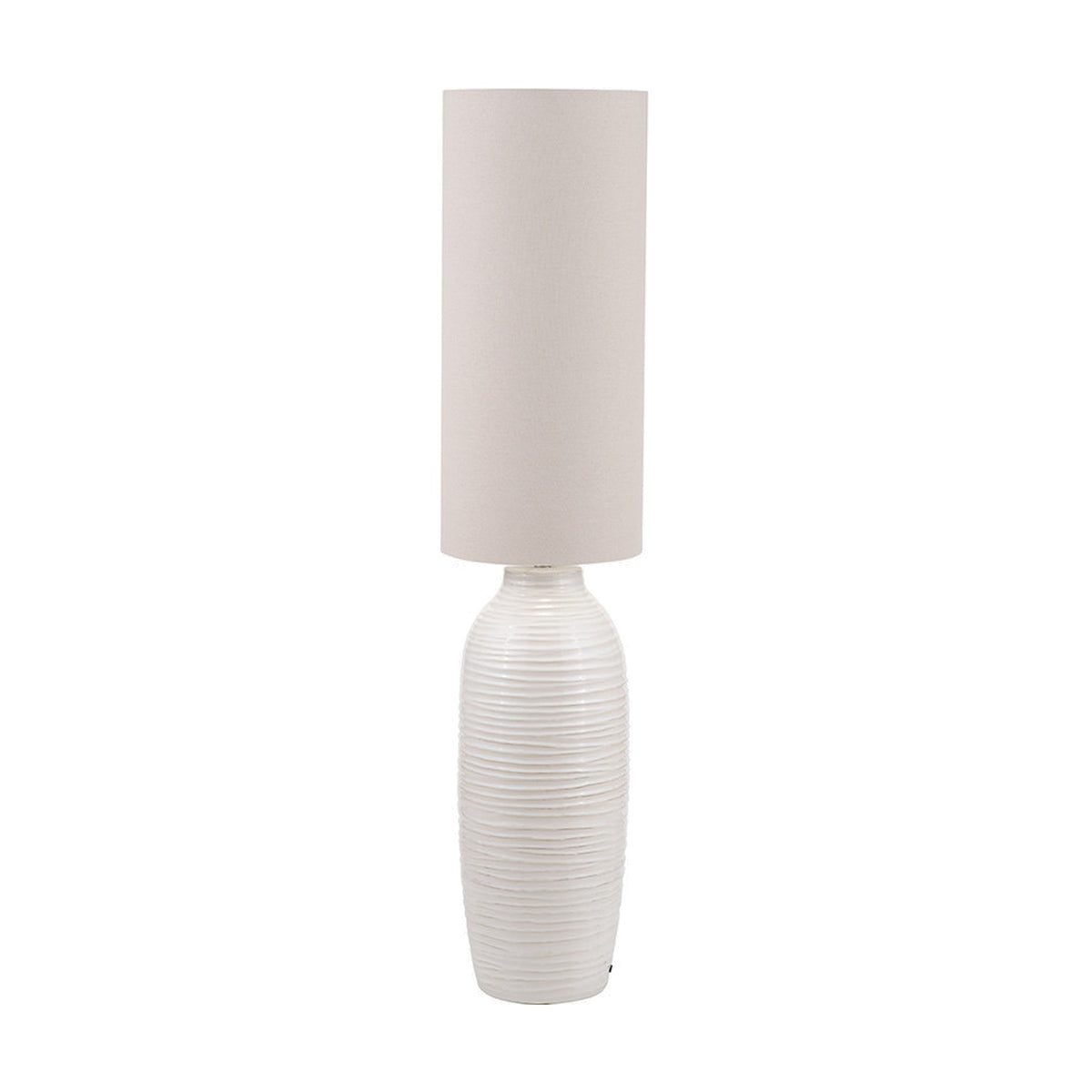 Linnea White Grooved Ceramic Floor Lamp, 135cm, with ridged white ceramic base and tall cylindrical linen shade, shown on a plain white background.