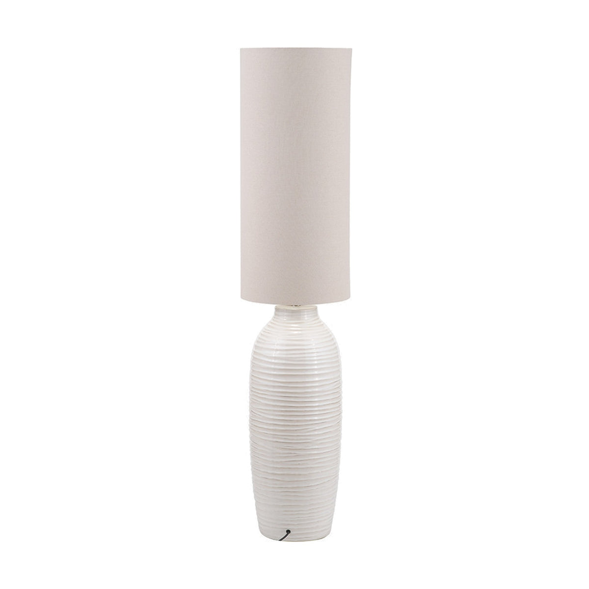 Linnea White Grooved Ceramic Floor Lamp, 135cm, with ridged white ceramic base and tall cylindrical linen shade, shown against a plain white background.