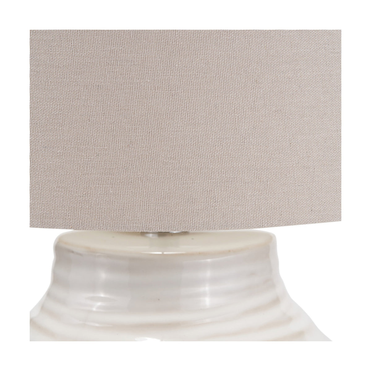 Close-up of the Linnea White Grooved Ceramic Floor Lamp base and drum shade, showing ribbed white ceramic detail beneath a neutral linen shade.
