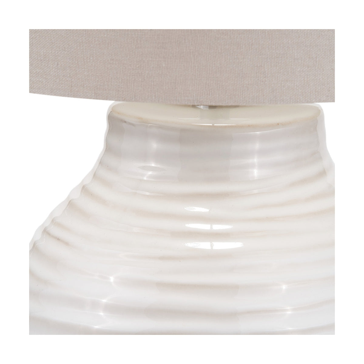 Close-up of the Linnea White Grooved Ceramic Floor Lamp base, showing ribbed glazed ceramic detail beneath a natural linen tapered shade.