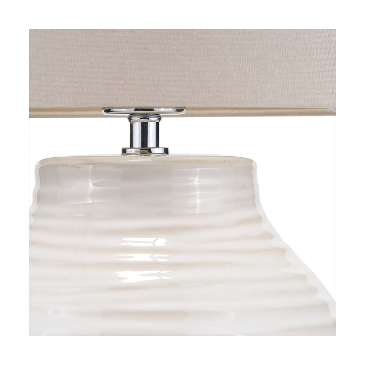 Close-up of the Linnea White Grooved Ceramic Floor Lamp base, showing a ribbed white ceramic body with a chrome connector beneath a linen shade, on a white background.