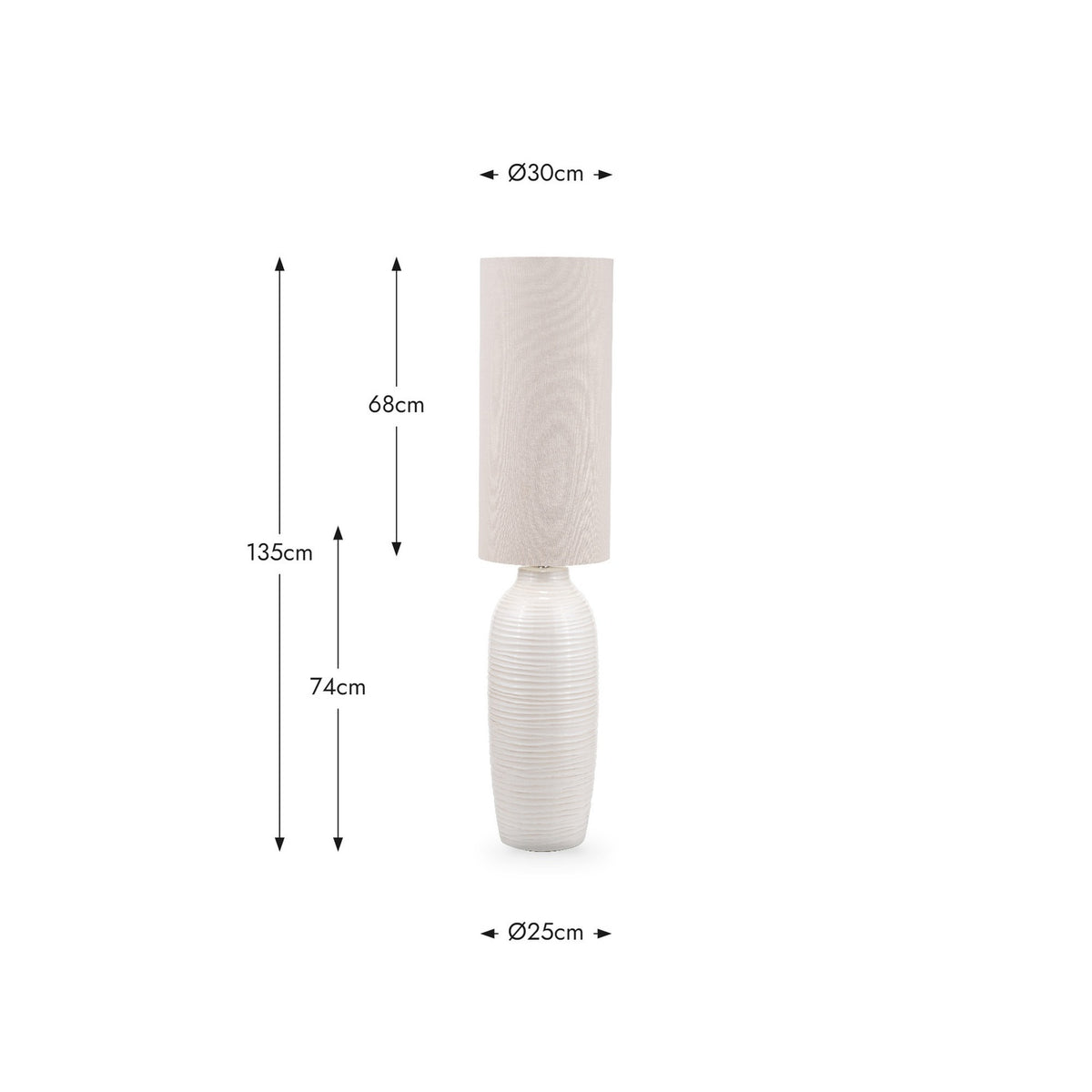 Linnea White Grooved Ceramic Floor Lamp, 135cm tall with a 74cm ribbed ceramic base and 68cm cylindrical linen shade, shown with dimension labels on a white background.