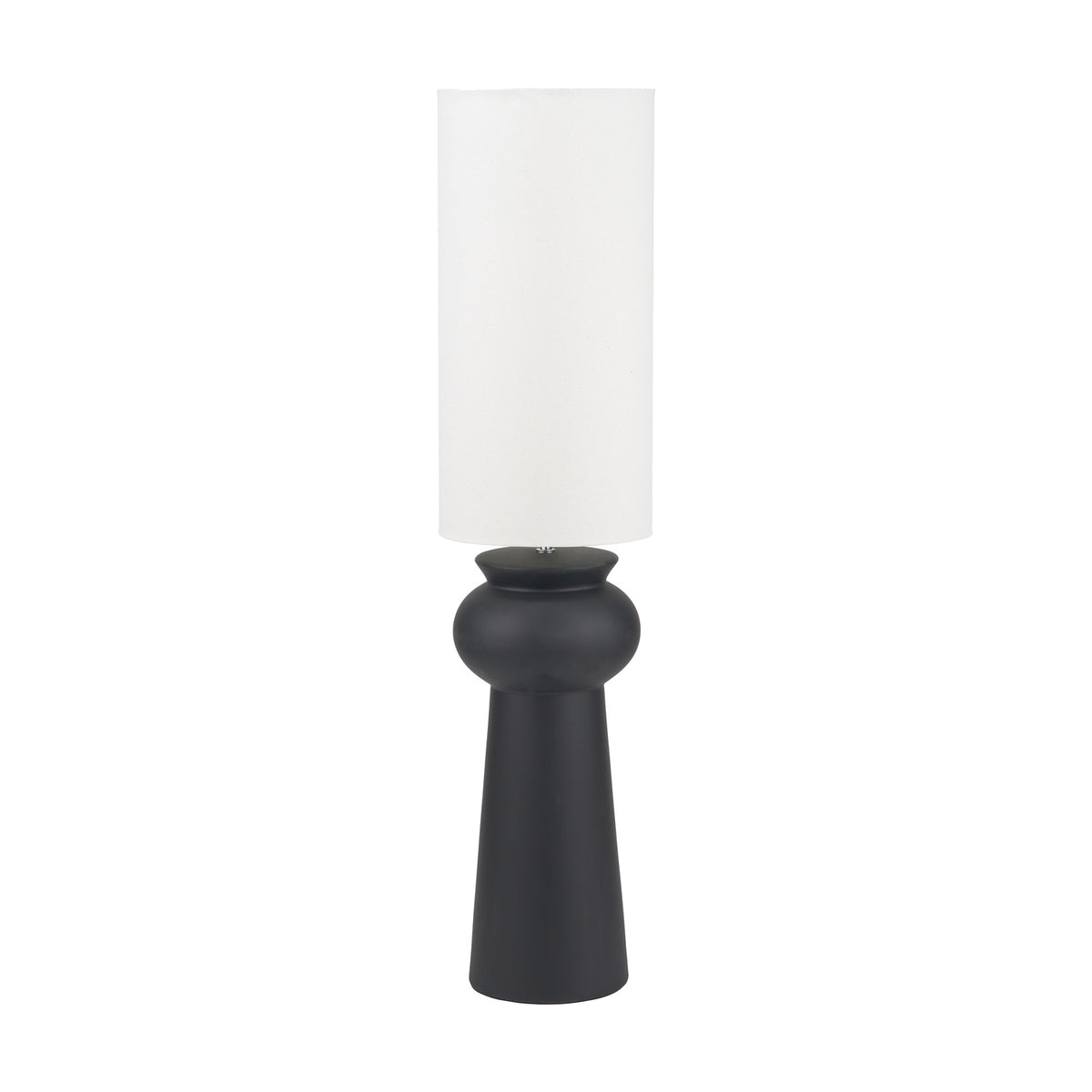 Sloane Black Contemporary Ceramic Floor Lamp, 124cm, with a tapered black ceramic base and cylindrical white fabric shade, shown against a plain white background.