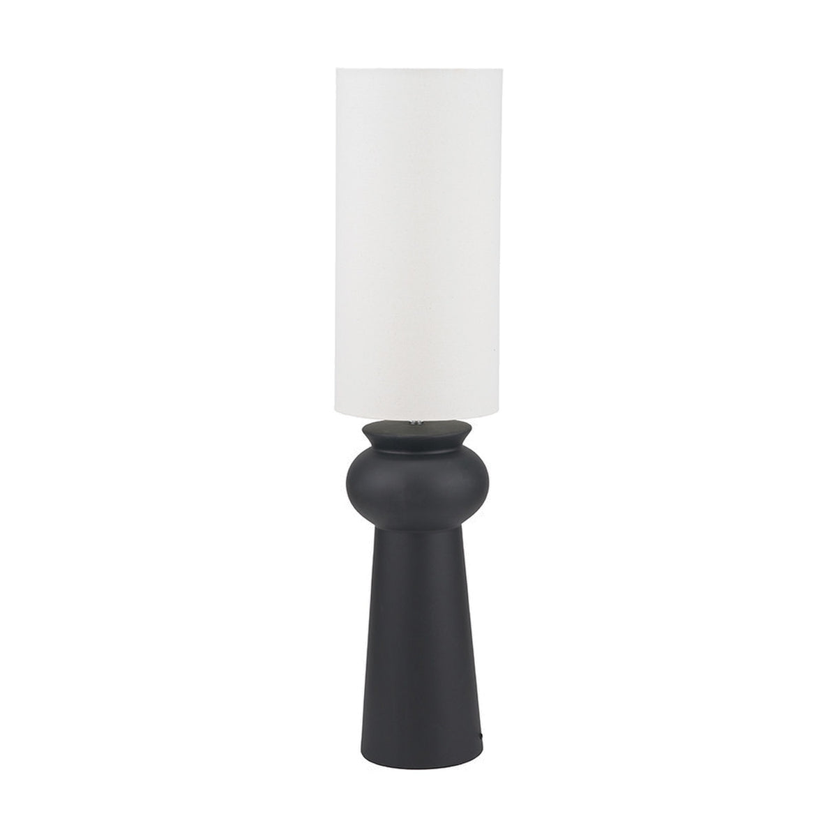 Sloane Black Contemporary Ceramic Floor Lamp, 124cm, with a tall tapered black ceramic base and cylindrical white fabric shade, shown on a plain white background.