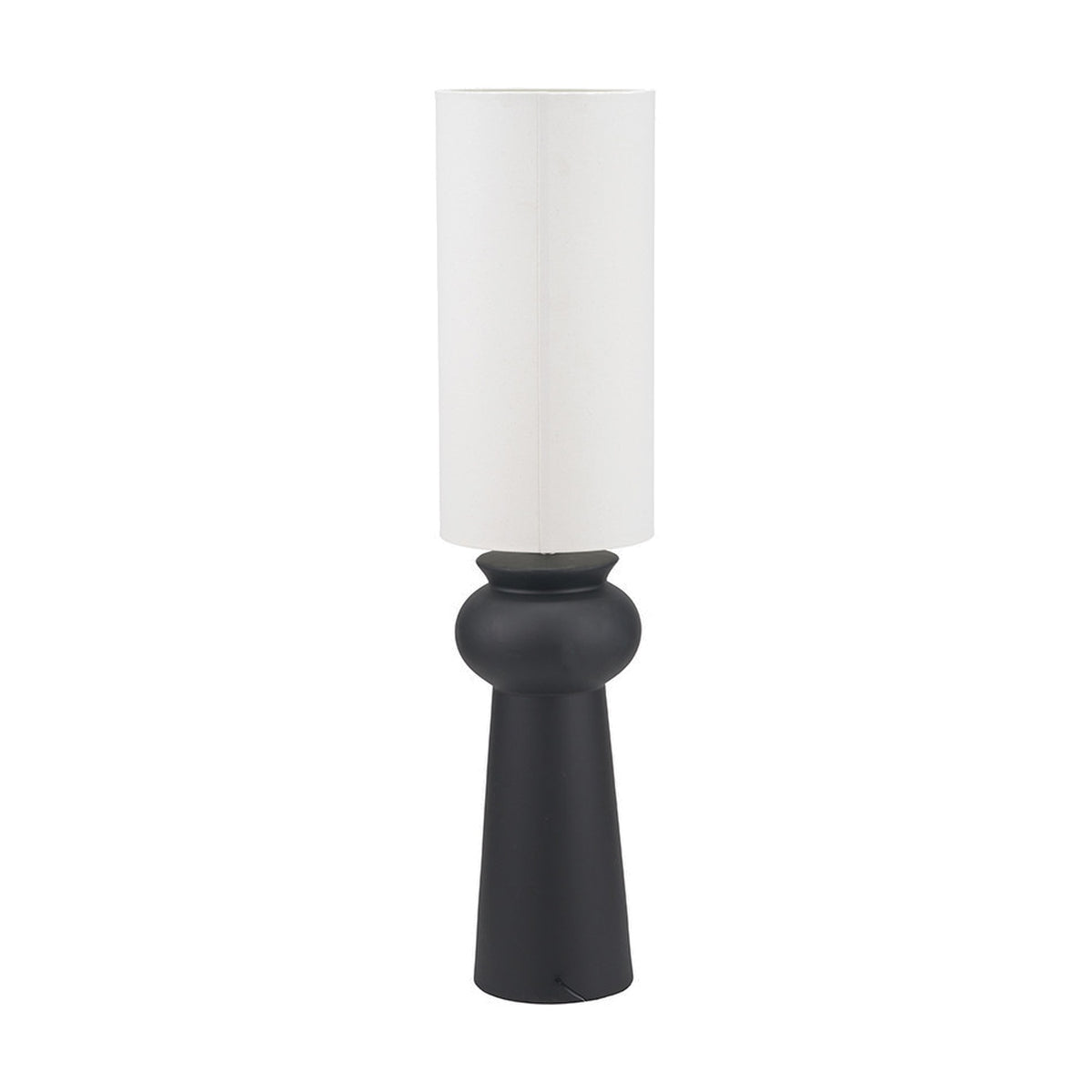 Sloane Black Contemporary Ceramic Floor Lamp, 124cm, with a bulbous ceramic base and tall white cylindrical fabric shade, shown on a plain white background.