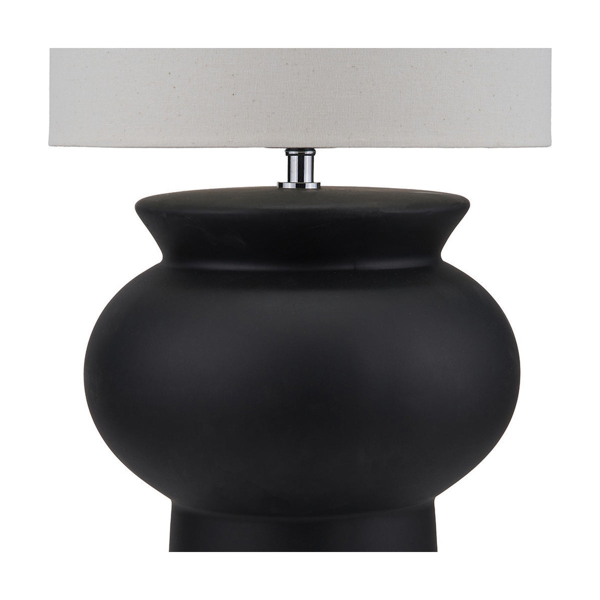Sloane Black Contemporary Ceramic Floor Lamp with bulbous matte black base and drum-shaped fabric shade in off-white, chrome connector detail, shown against a plain white background.