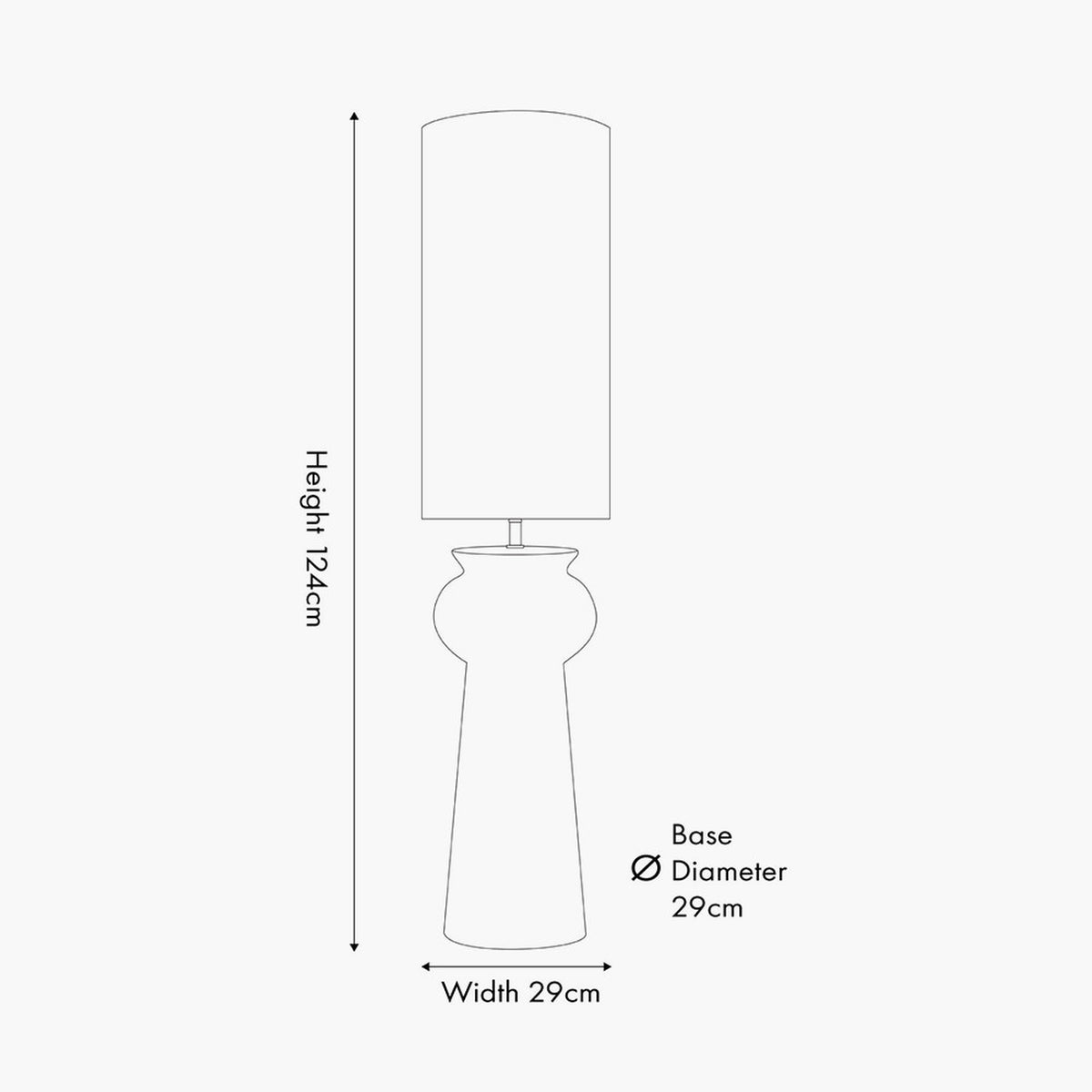 Line drawing of the Sloane Black Contemporary Ceramic Floor Lamp showing a curved ceramic base and tall cylindrical shade, with height 124cm and base diameter 29cm labelled.