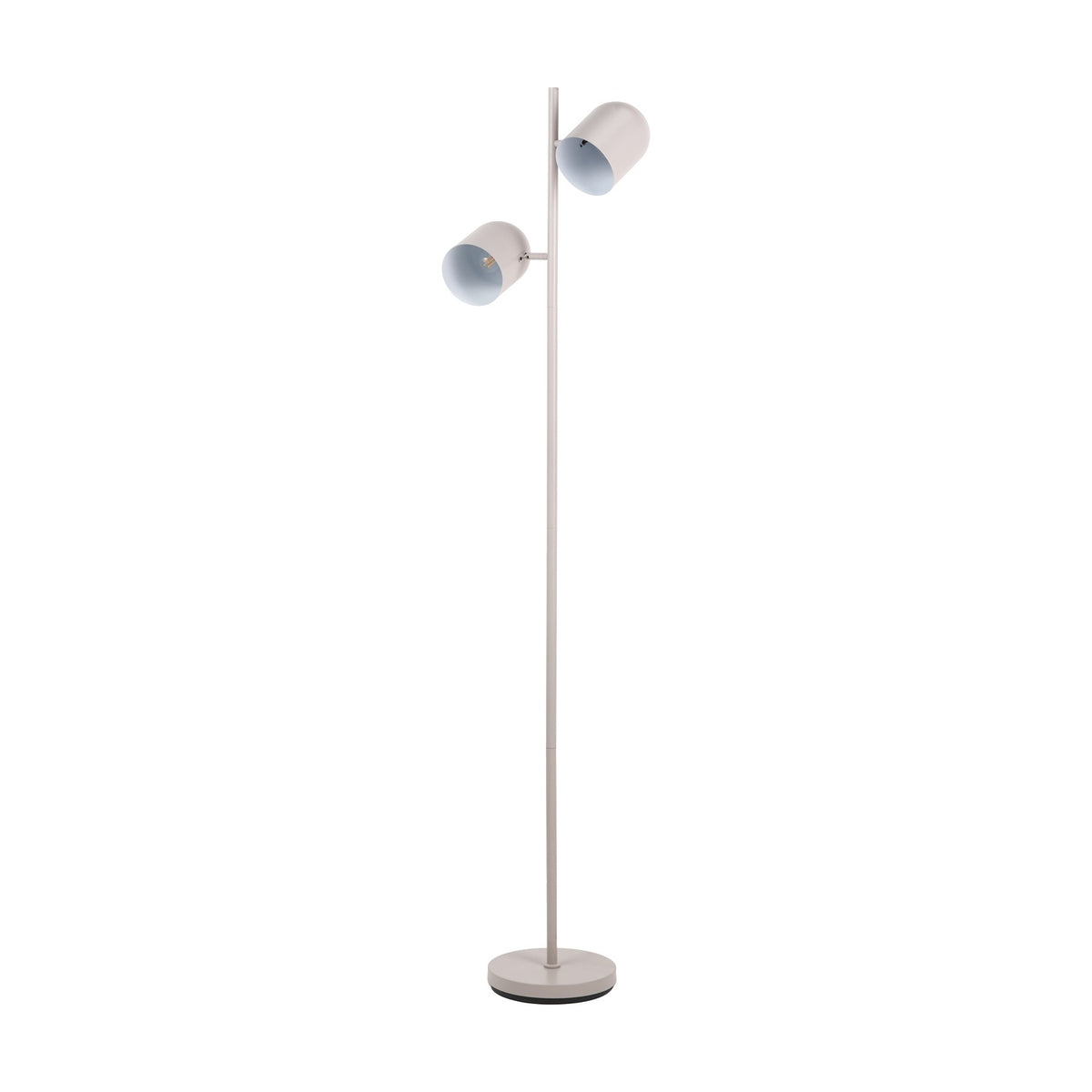 Finn Grey Metal Cloche Two Head Floor Lamp, 160cm tall, with a slim metal pole, round base, and two cloche-style shades on angled arms, shown against a plain white background.