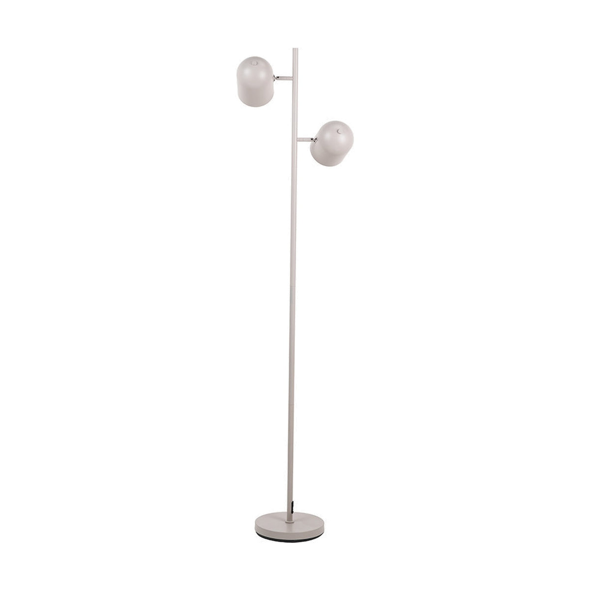 Finn Grey Metal Cloche Two Head Floor Lamp, 160cm tall with a slim pole and two adjustable dome shades on chrome joints, round base, set against a plain white background.