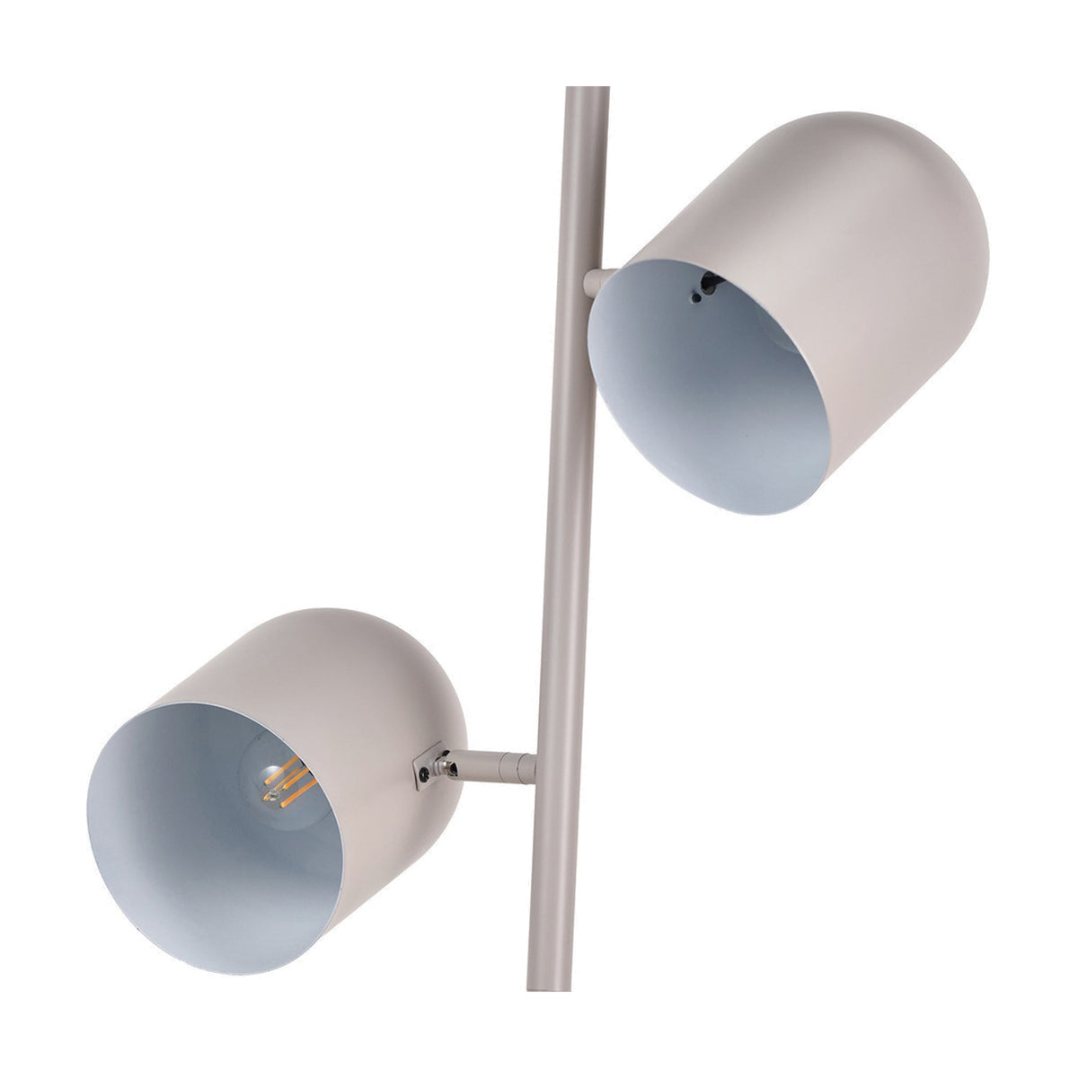 Finn Grey Metal Cloche Two Head Floor Lamp, 160cm, with cylindrical cloche shades on adjustable arms along a slim grey metal pole, shown on a plain white background.