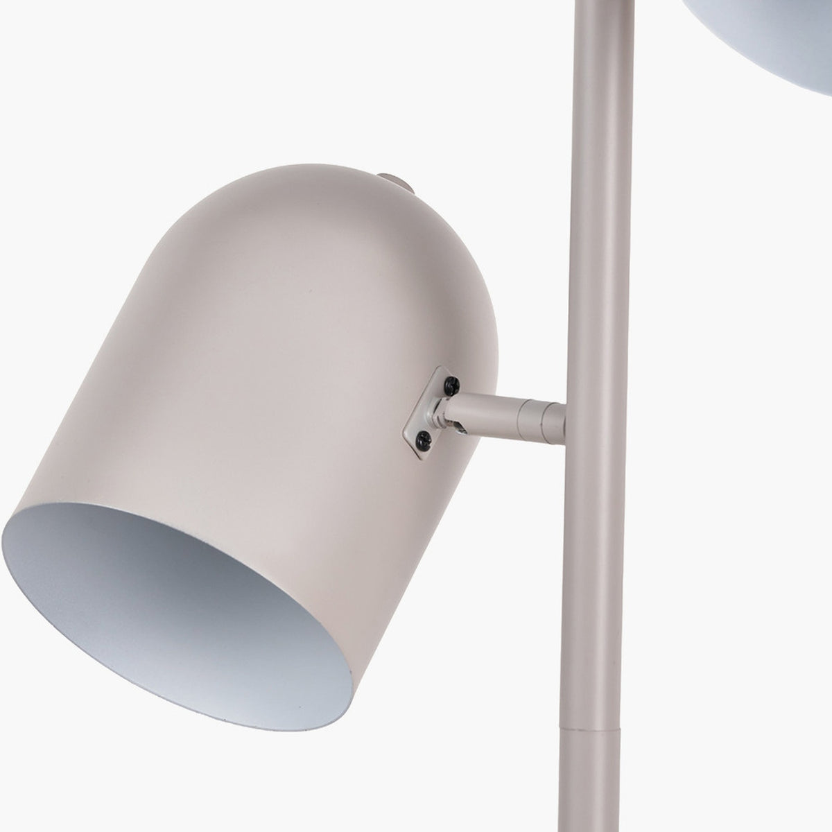 Close-up of the Finn Grey Metal Cloche Two Head Floor Lamp, showing one cloche-shaped shade with visible mounting bracket and screws on a slim grey metal pole, plain white background.