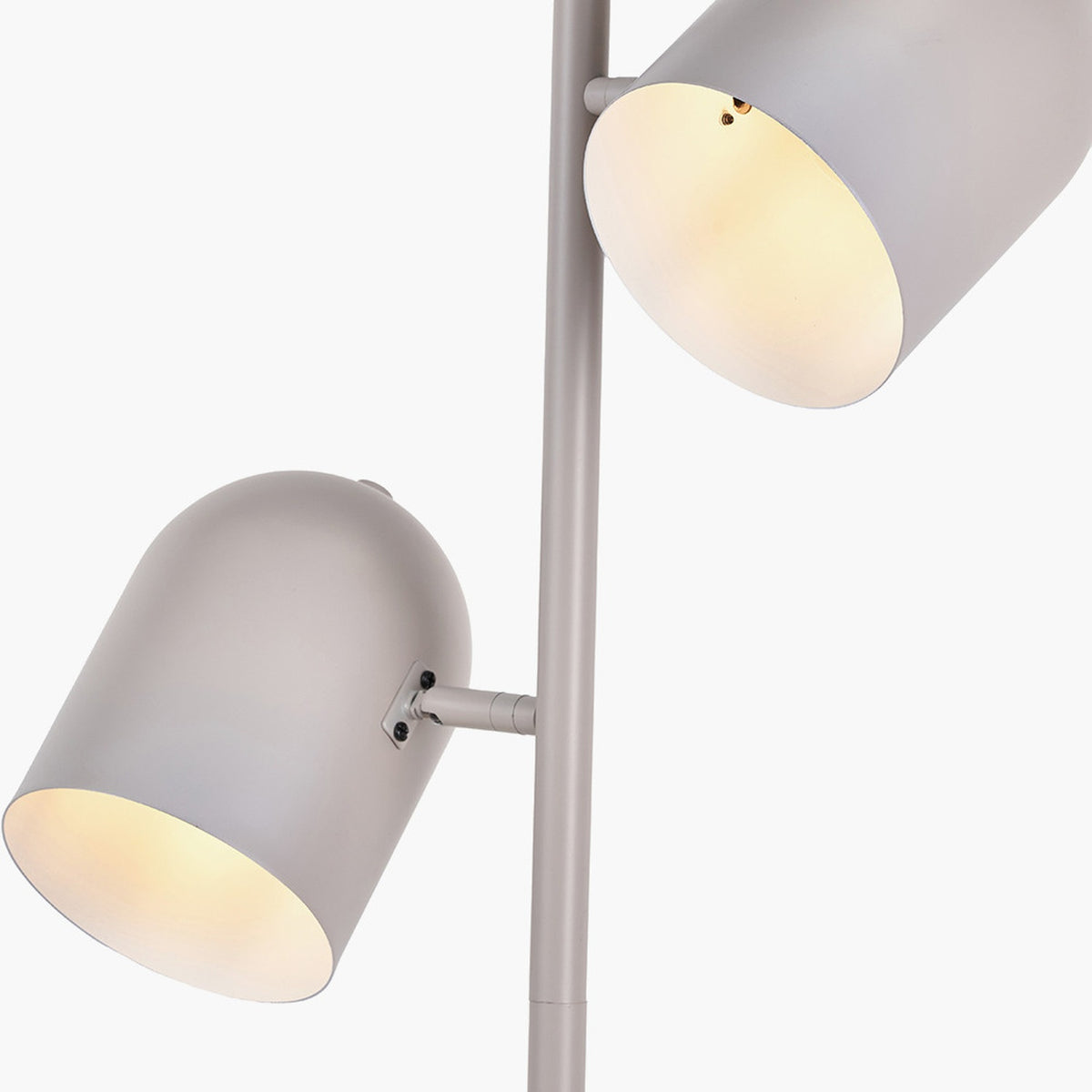 Close-up of the Finn Grey Metal Cloche Two Head Floor Lamp, showing two dome-shaped cloche shades on adjustable metal arms in a matte grey finish against a plain white background.