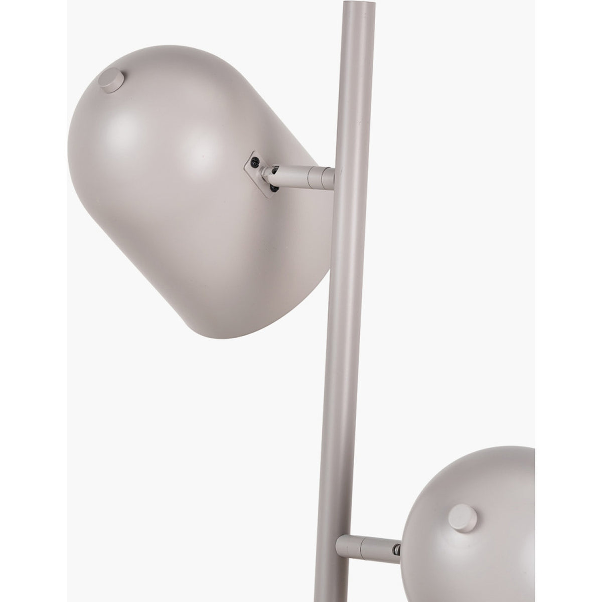 Close-up of the Finn Grey Metal Cloche Two Head Floor Lamp, showing rounded cloche-style shades on adjustable metal arms against a plain white background.