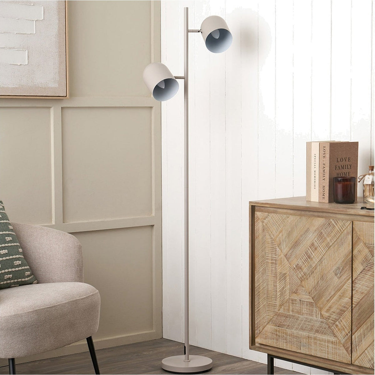 Finn Grey Metal Cloche Two Head Floor Lamp, 160cm, with slim metal stem and dome-shaped shades, shown in a living room beside a wooden sideboard.