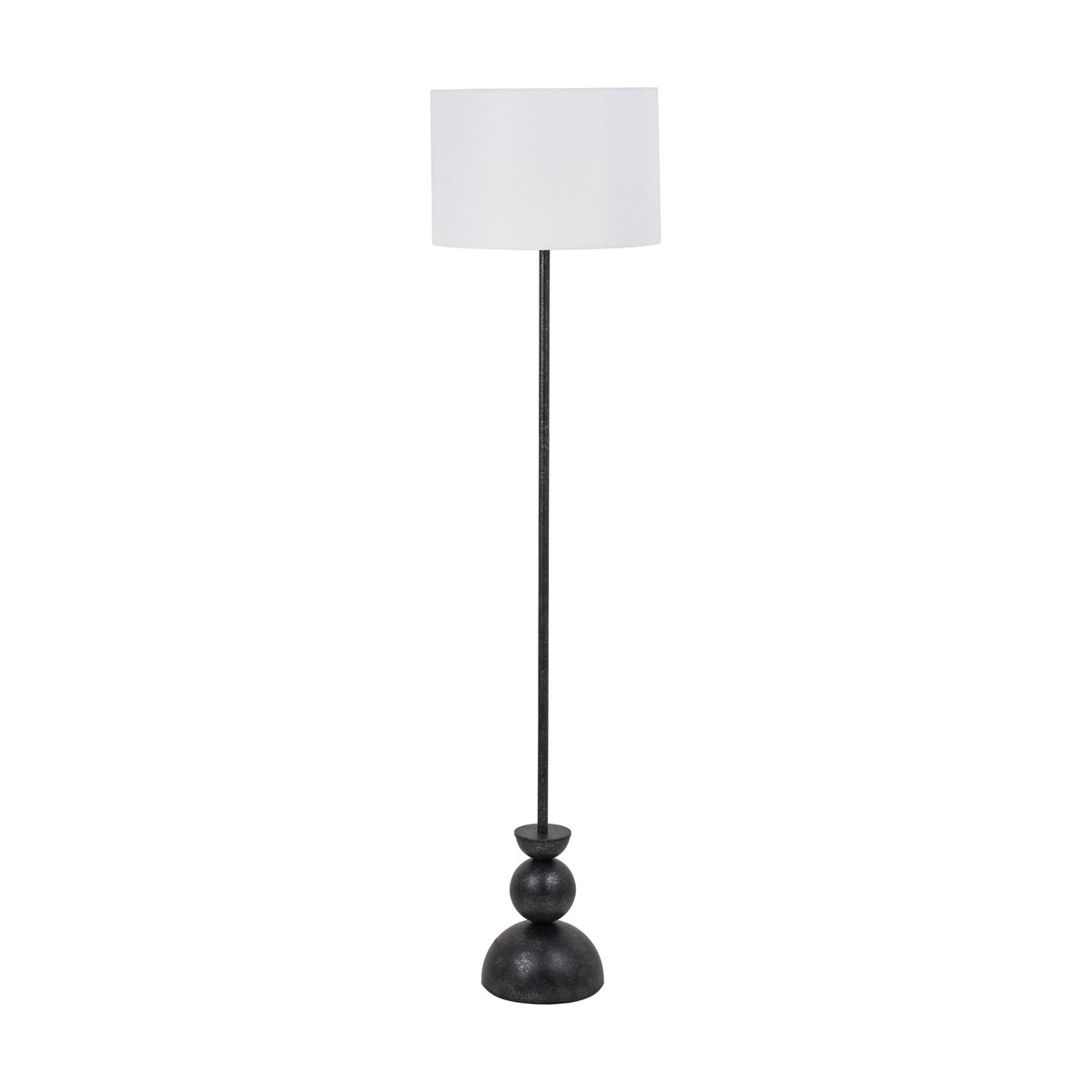 Vala Graphite Metal Textured Effect Ball Floor Lamp, 160cm, with a slim black stem, stacked ball base, and white drum shade on a plain white background.