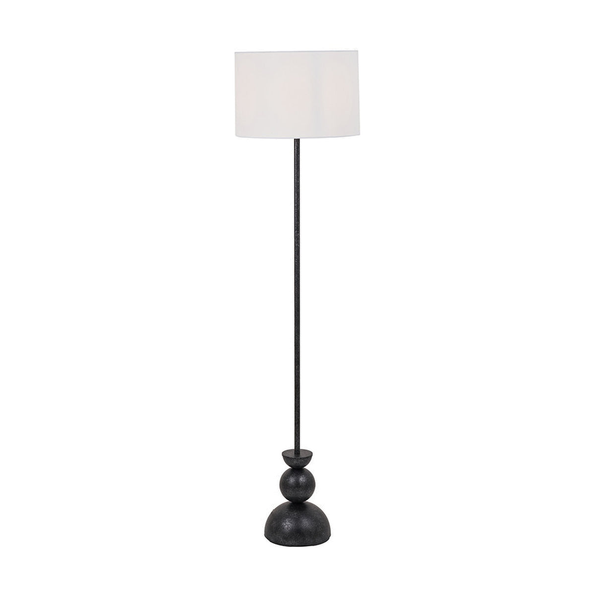 Vala Graphite Metal Textured Effect Ball Floor Lamp, 160cm, with a slim stem on a stacked ball and dome base and a white drum shade, on a plain white background.
