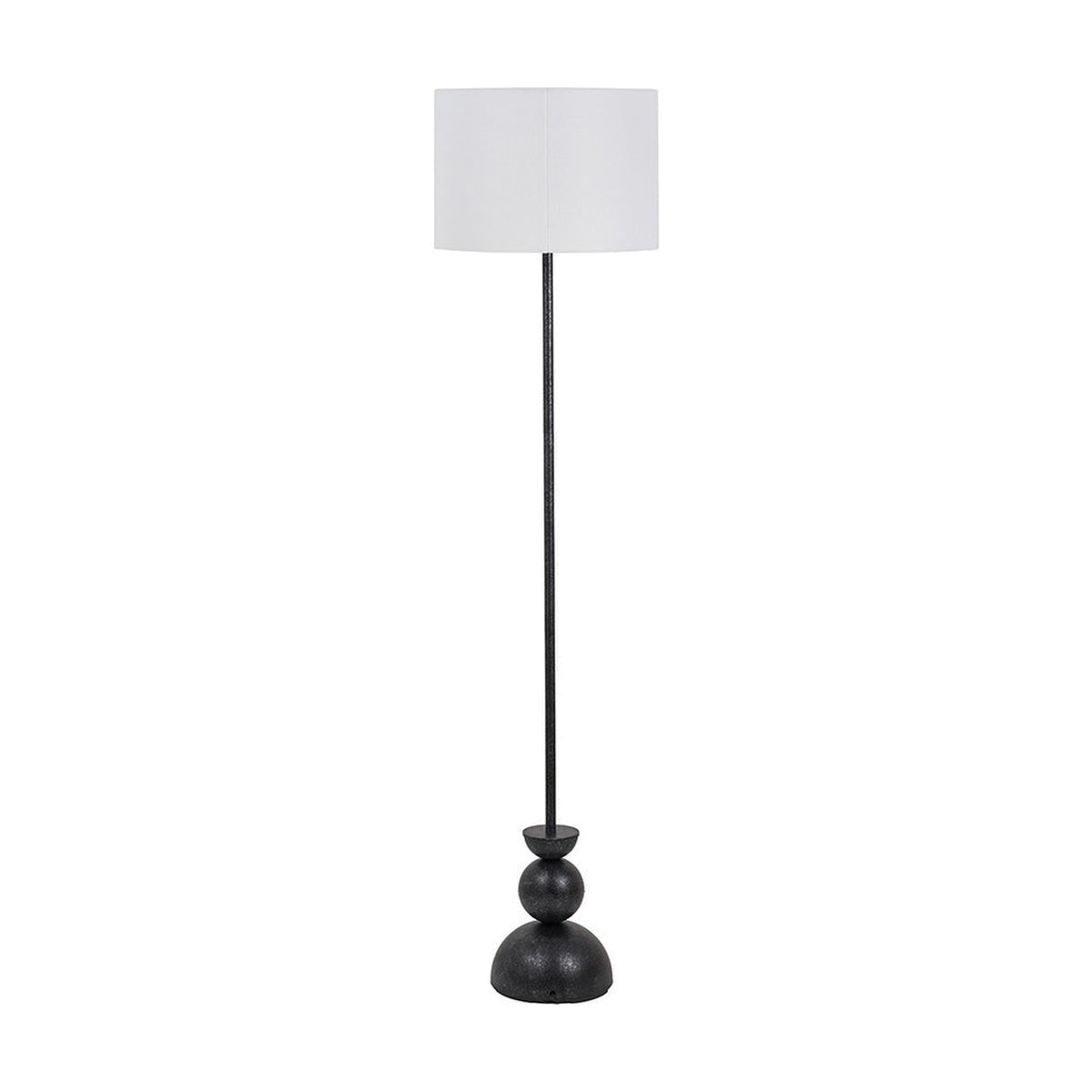 Vala Graphite Metal Textured Effect Ball Floor Lamp, 160cm, with a stacked ball base and slim stem topped by a white drum shade, set against a plain white background.