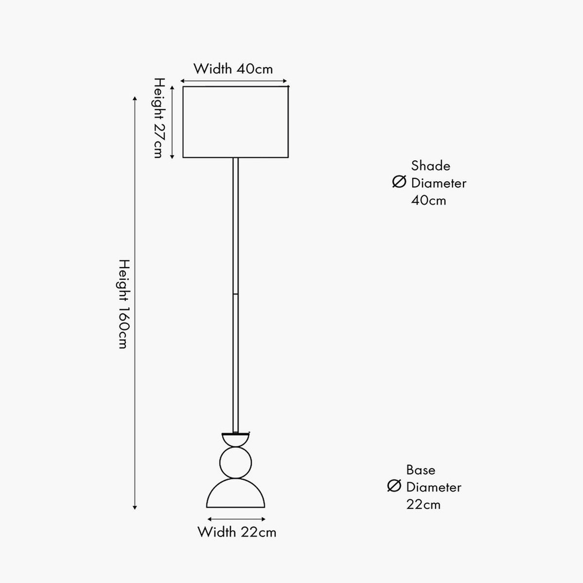 Line drawing of the Vala Graphite Metal Textured Effect Ball Floor Lamp, 160cm tall with a 40cm rectangular shade and textured ball base, 22cm wide, shown with dimensions on a plain background.