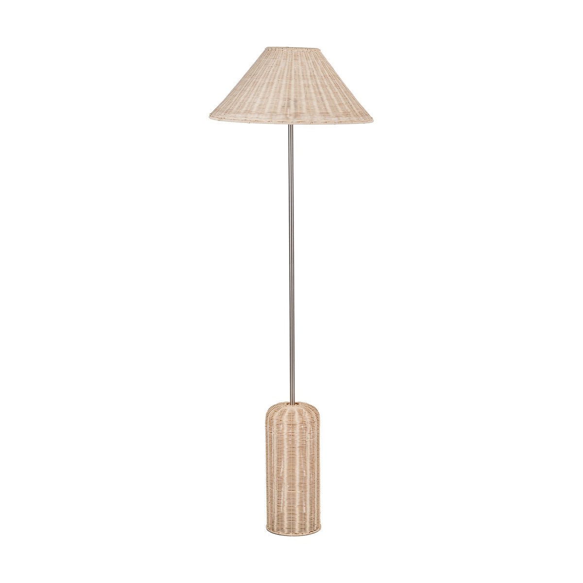 Hali Rattan Base & Shade Floor Lamp, 152cm, with a tall cylindrical woven rattan base, slim metal stem, and matching rattan cone shade, on a plain white background.