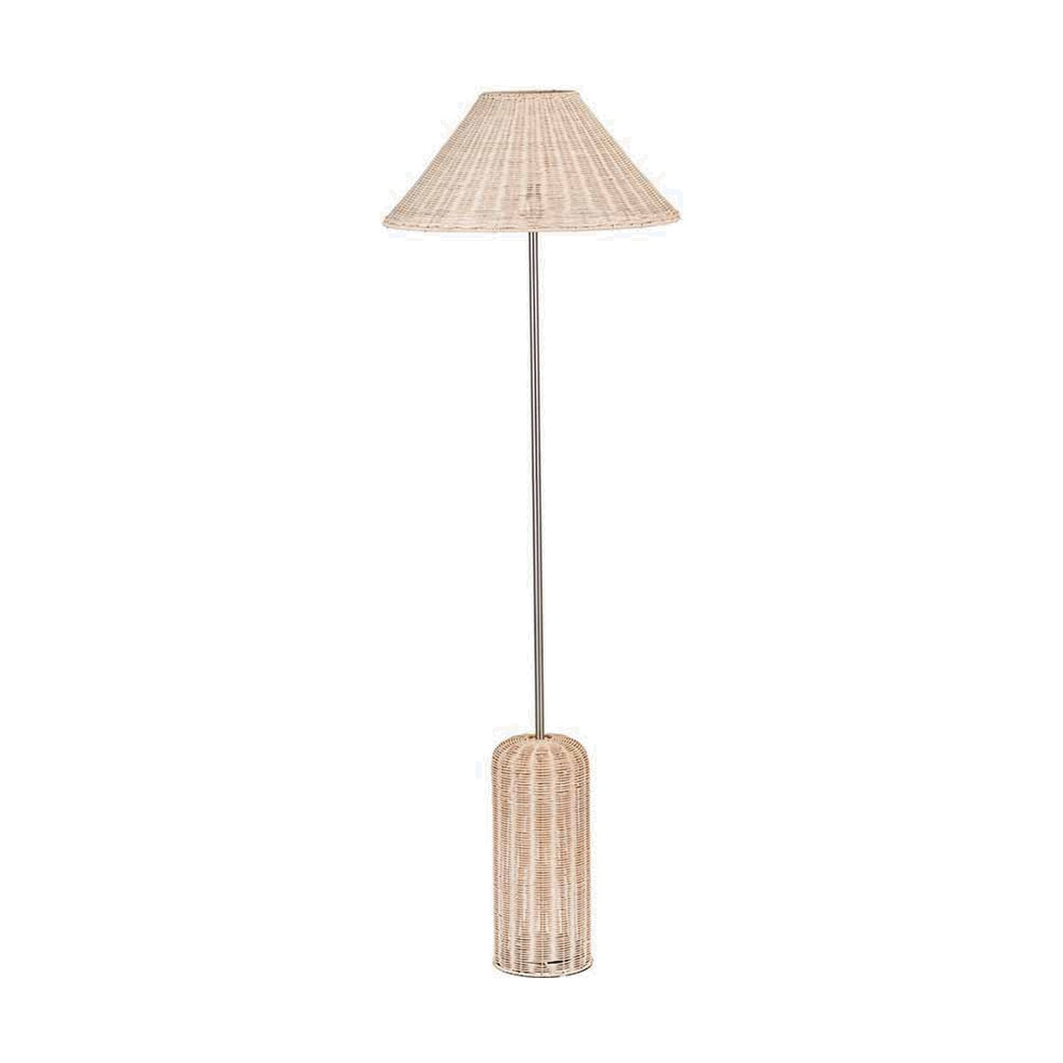 Hali Rattan Base & Shade Floor Lamp, 152cm, with a woven cone-shaped rattan shade, slim brushed metal stem, and cylindrical rattan base, shown on a plain white background.