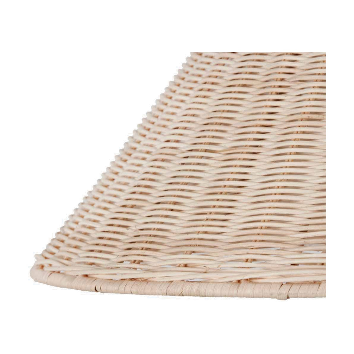 Close-up of the tapered rattan lampshade on the Hali Rattan Base & Shade Floor Lamp, showing woven natural-tone material and a bound edge, against a plain white background.