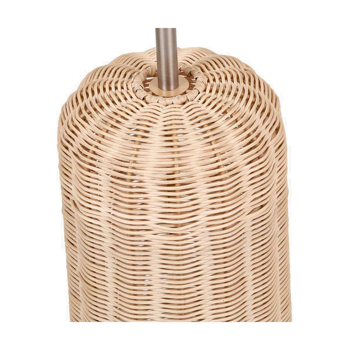 Close-up of the Hali Floor Lamp's woven rattan shade in natural brown, showing tight basket-weave texture around a brushed metal stem, on a plain white background.
