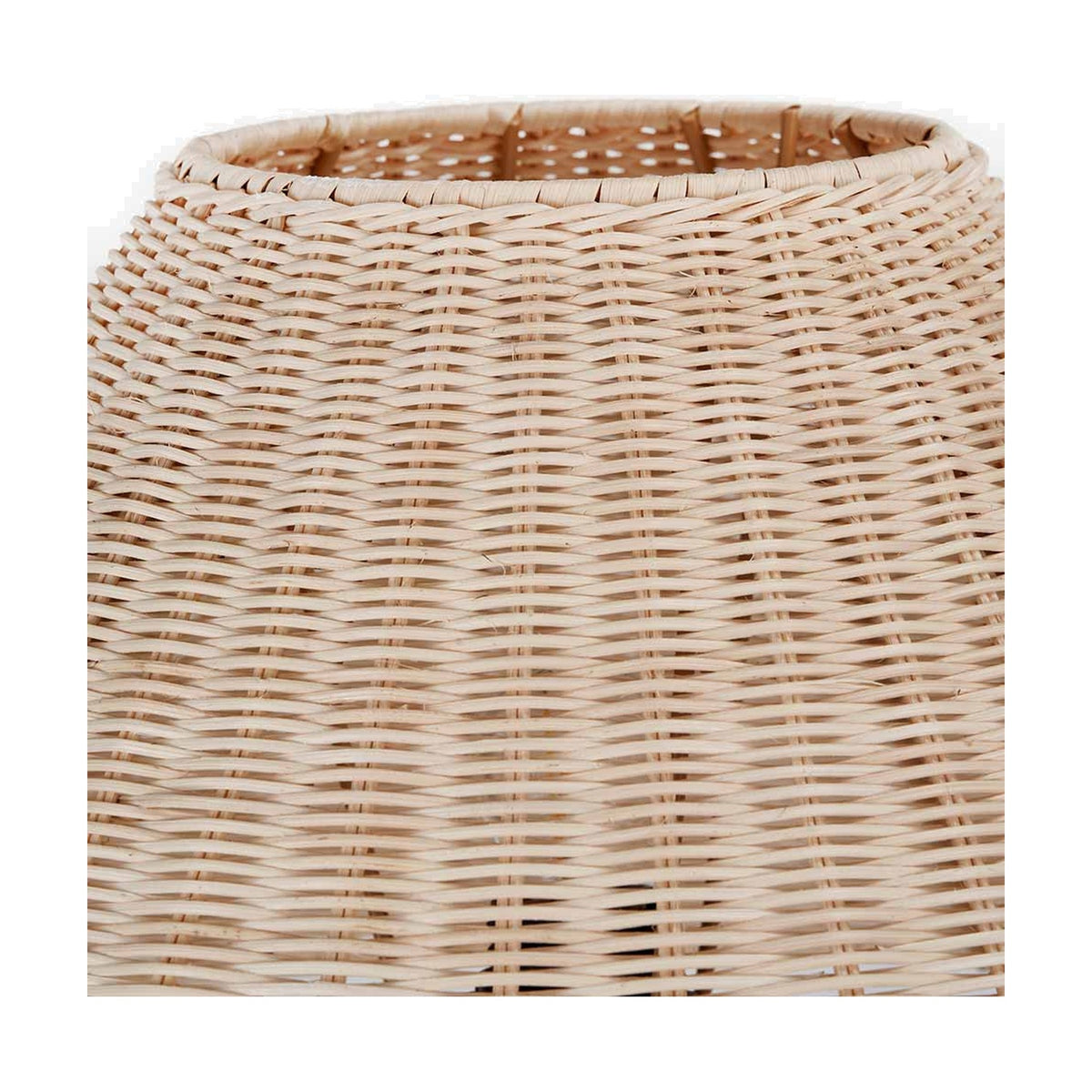 Close-up of the Hali Rattan Base & Shade Floor Lamp showing tightly woven natural rattan in a tapered shade shape against a plain white background.