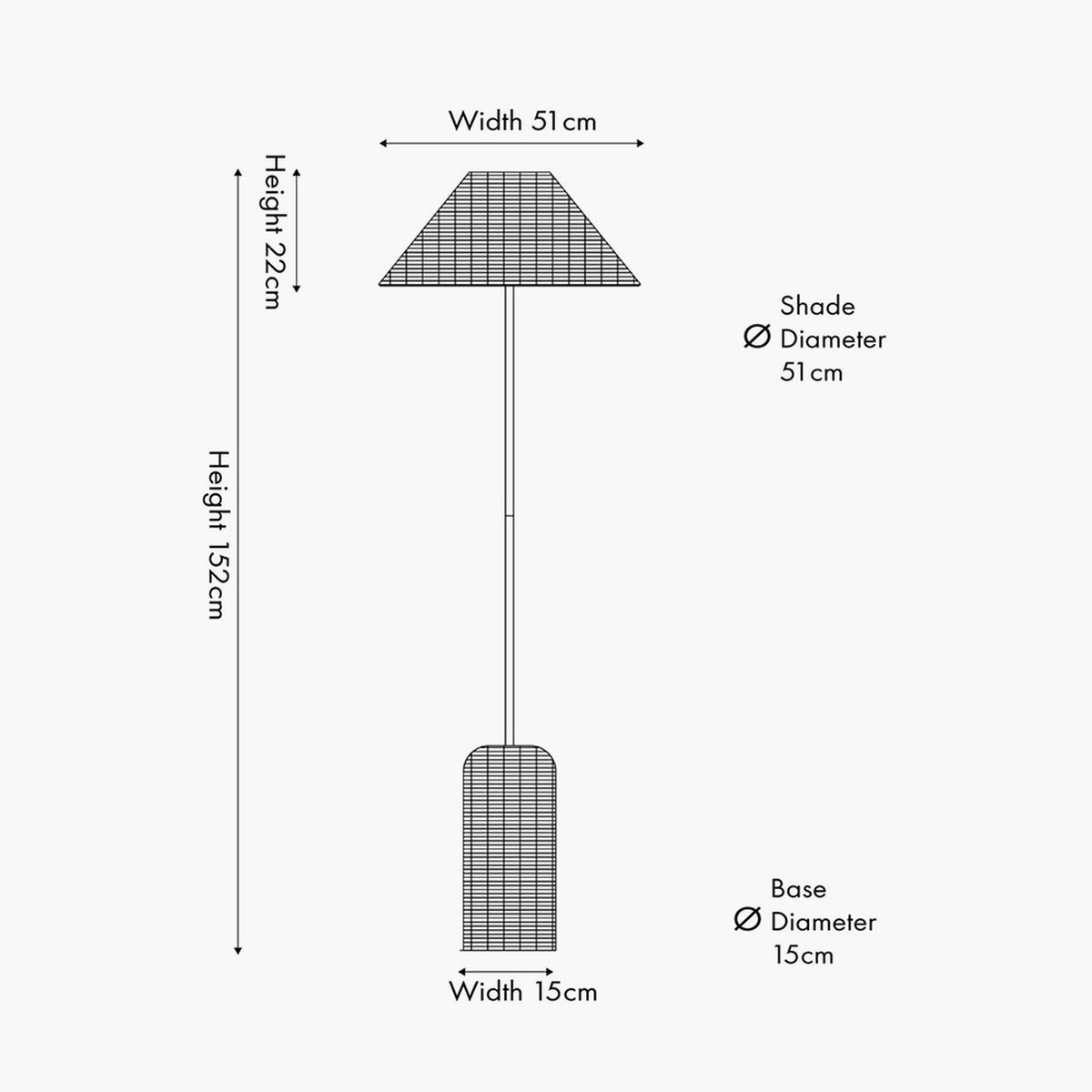 Technical line drawing of the Hali Rattan Base & Shade Floor Lamp, 152cm tall with a 51cm trapezoid shade and 15cm rattan base, dimensions labelled.
