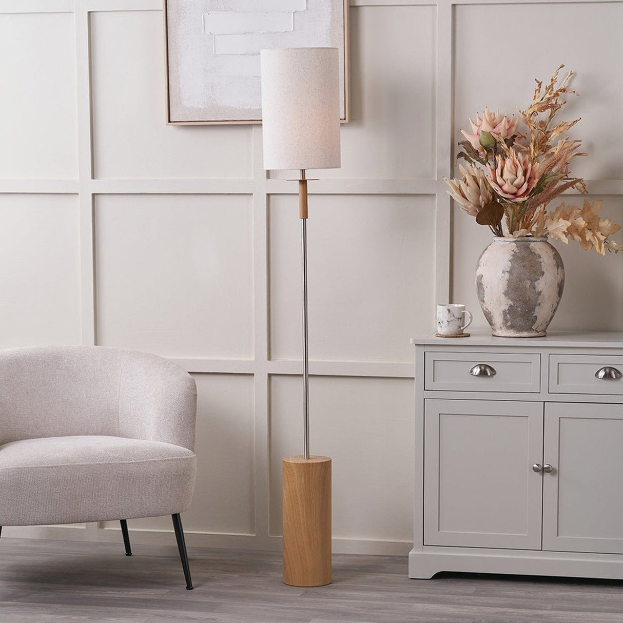 Bonham Wood Veneer & Silver Metal Floor Lamp - 161cm