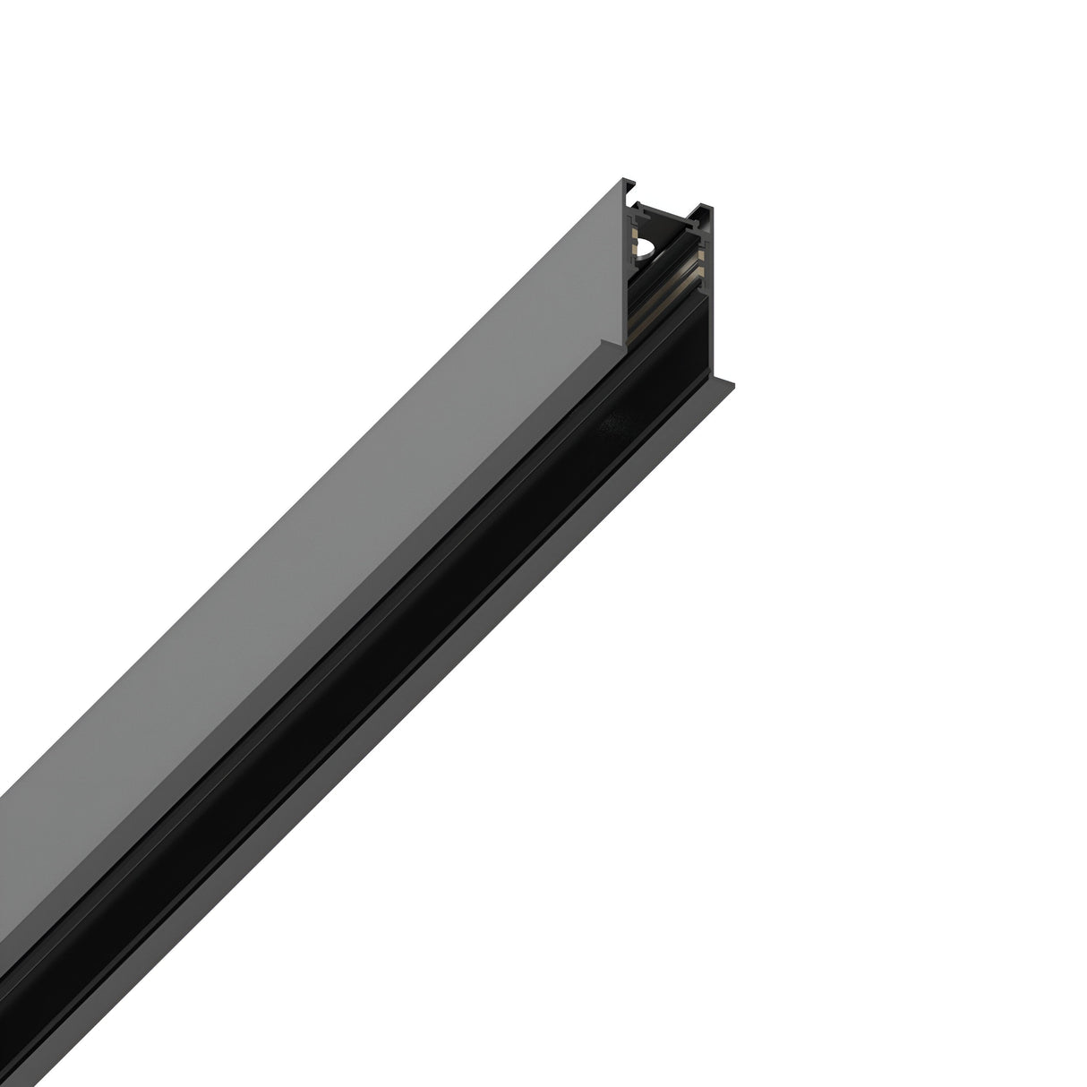 A close-up view of the Luxeon Slim Recessed Magnetic Track 1m in black, made from durable aluminum, displayed against a white background. The design features a rectangular shape with grooves along its length, ideal for seamlessly attaching lighting fixtures.