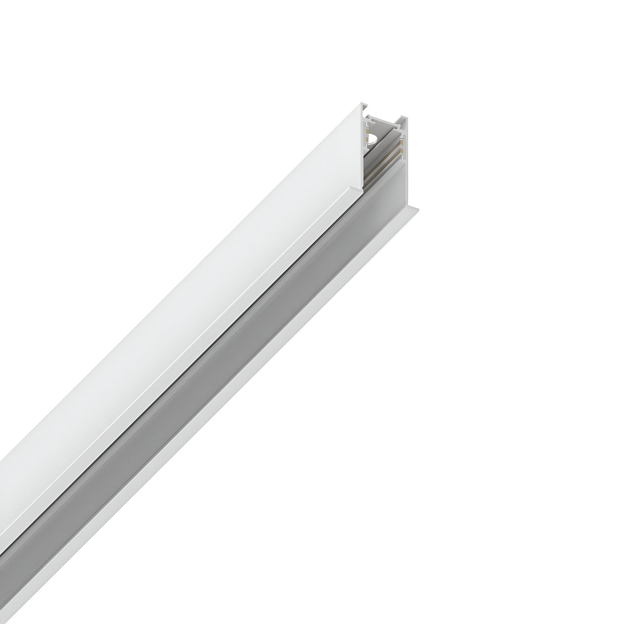The Luxeon Slim Recessed Magnetic Track 1m in white is a long, narrow LED strip light with a sleek, minimalist design. It features an aluminium construction set in a rectangular casing with a frosted cover for diffused lighting.