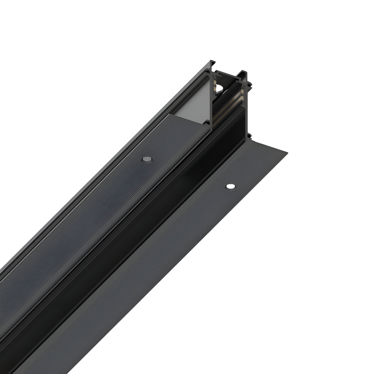 The image features a close-up of the Luxeon Slim Recessed Magnetic Track 2m in Black. This black metal rail has a hollow center with parallel channels along its length, specifically designed for magnetic lighting fixtures. It includes holes on its flat side panels for easy mounting or securing, shown extending diagonally in the image.