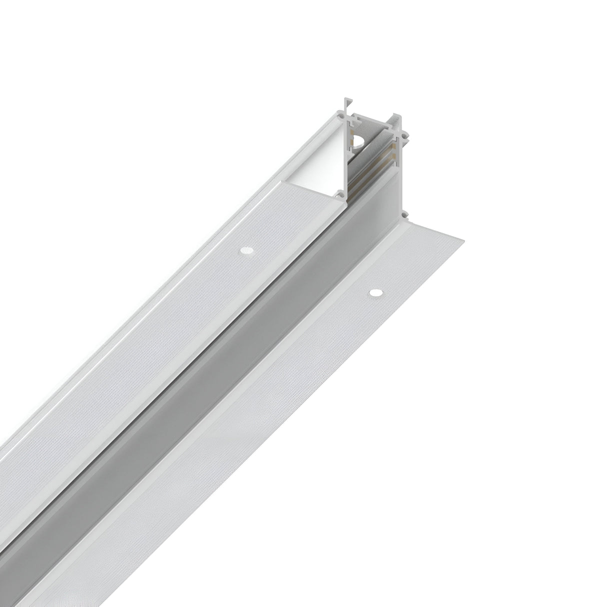 A close-up of the Luxeon Slim Recessed Magnetic Track 2m in white, showcasing its long, rectangular metallic design reminiscent of a magnetic lighting fixture or architectural beam against a white background. It features a grid-like pattern on one side and offers adaptable lighting solutions with its sleek design.