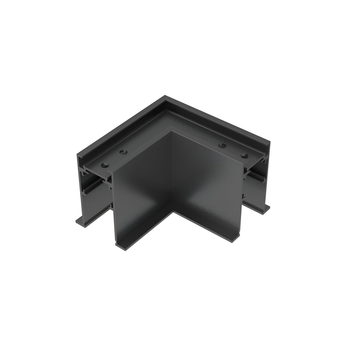 A Luxeon Trim Recessed L-Connector Track Horizontal in black, featuring an L-shaped metal bracket with two flanges and multiple holes, perfectly designed for track lighting systems. Ideal for secure mounting or connection.