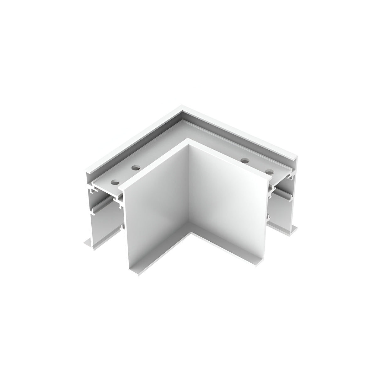 A 3D rendering of a white metal corner bracket with a 90-degree angle, featuring multiple holes for screws or fasteners on its flanges. The design suggests use in construction or furniture assembly, seamlessly complementing Luxeon Trim Magnetic Recessed L-Connector Track Left - On-Off systems.