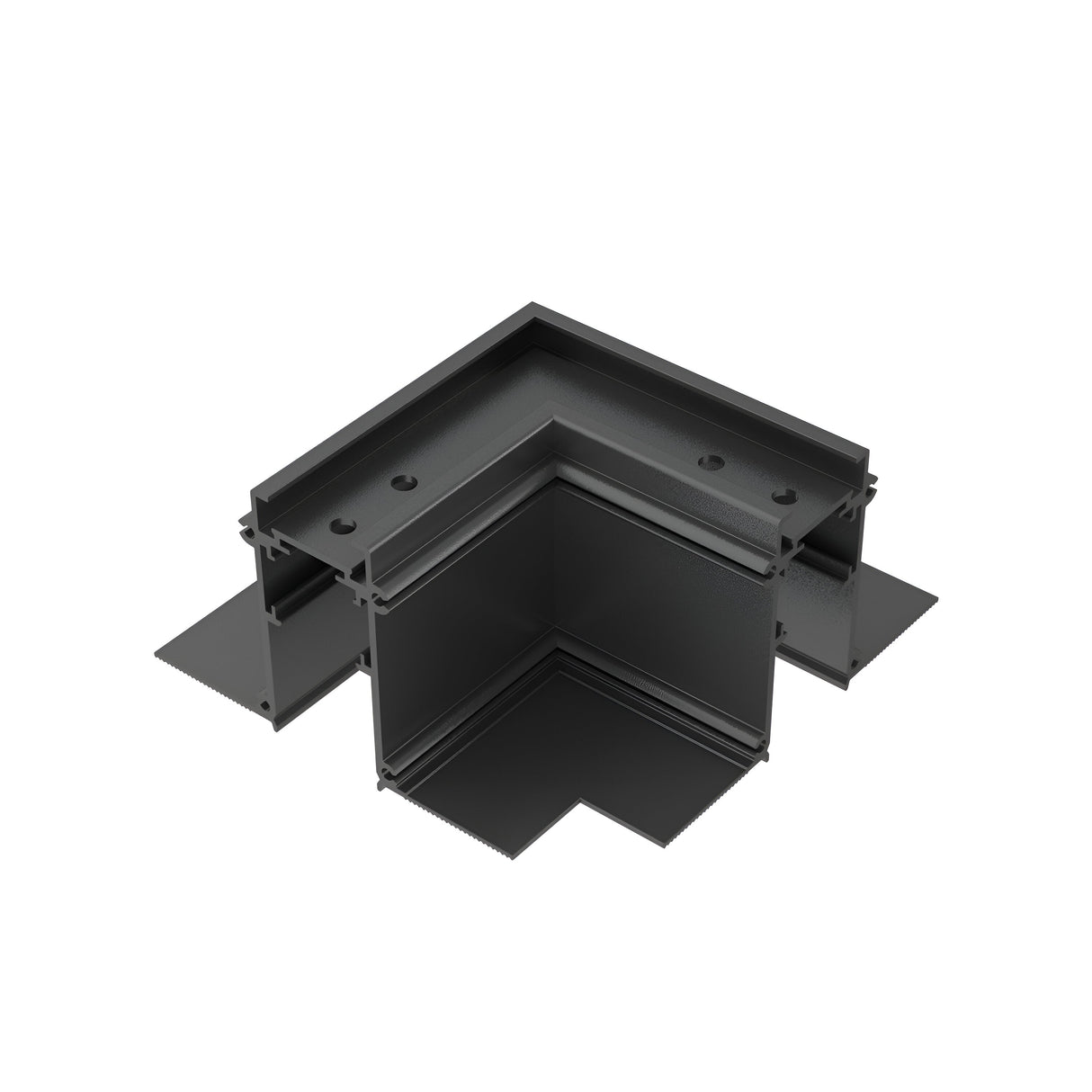 A black Luxeon Magnetic Recessed L-Connector Track Left features an L-shaped, metal design with multiple screw holes. This connector is ideal for joining beams or panels, with a robust build that suggests use in construction or industrial assembly, making it perfect for track lighting setups.