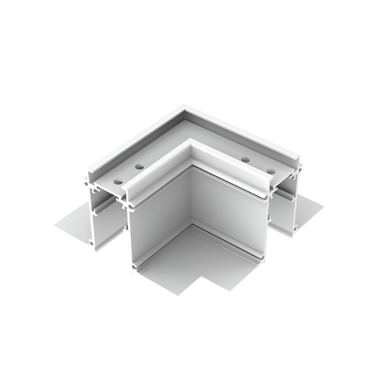 A 3D rendering showcases a Luxeon Magnetic Recessed L-Connector Track Left - On-Off in white, featuring an angular aluminum bracket with multiple holes tailored for joining panels. Positioned at a right angle, it emphasizes its functional and minimalist design against a plain background, serving as an essential component in track lighting systems.