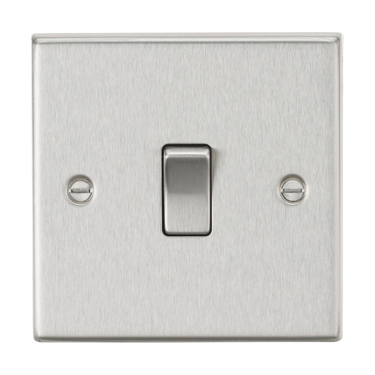 The 10AX 1 Gang Intermediate Switch in brushed chrome boasts a sleek design with a single toggle, gracefully set on a rectangular plate and visible screws flanking each side. Its square edge design introduces modern sophistication into any room.
