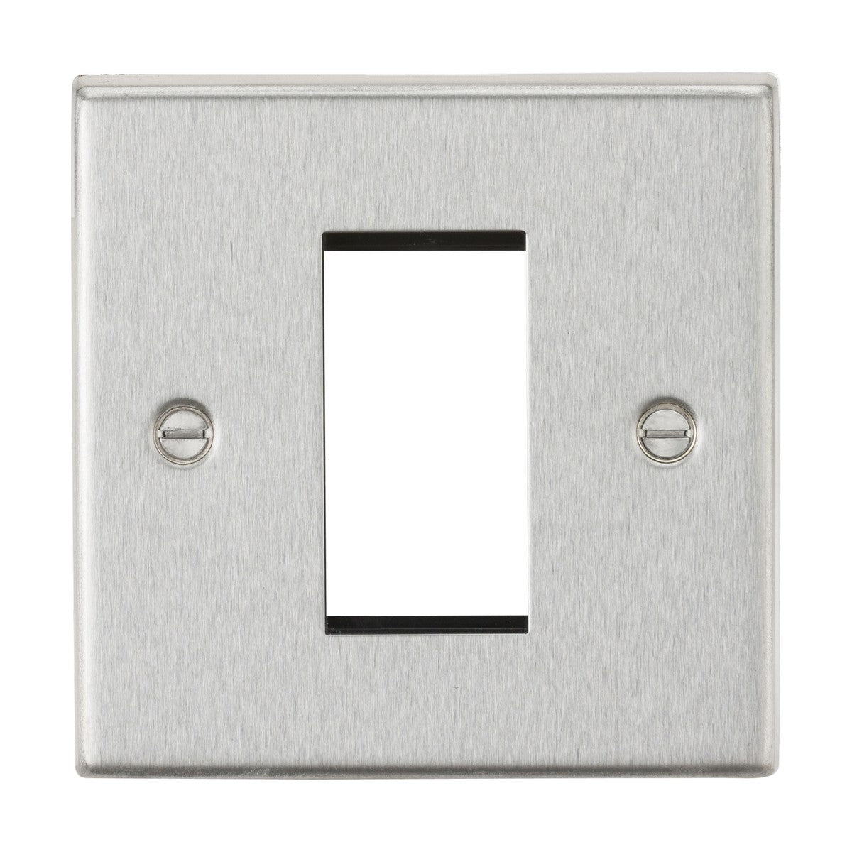 The 1 Gang Modular Faceplate - Brushed Chrome (Square Edge) is designed with a single rectangular cutout in the center, making it ideal for an elegant euro module setup. Set against a plain white background, the faceplate includes two screw holes for easy installation.