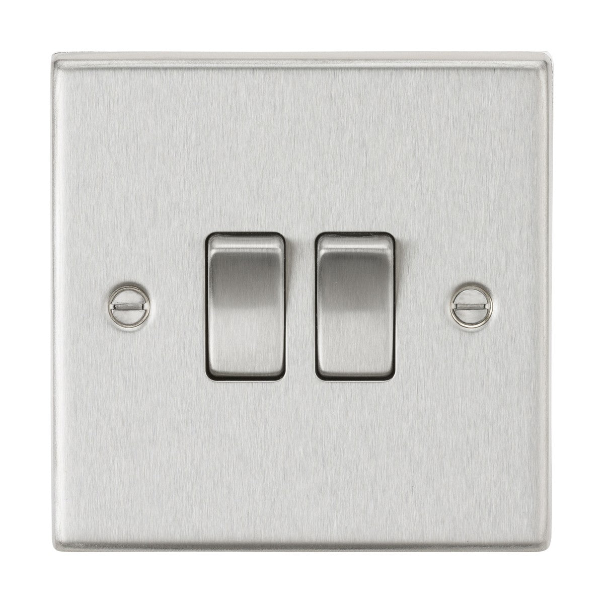 The 10AX 2 Gang 2-Way Plate Switch in brushed chrome offers a modern, sleek stainless steel design with two centrally positioned toggle switches and side screws. Its showcased on a crisp white background.
