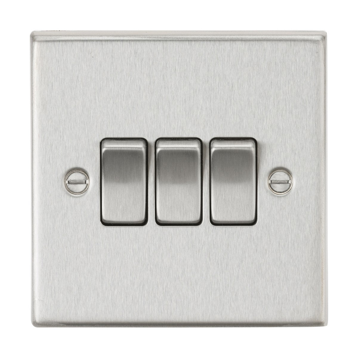 The 10AX 3 Gang 2-Way Plate Switch in brushed chrome showcases modern design with three horizontal rectangular switches, complemented by a silver faceplate and fastened by two visible screws.