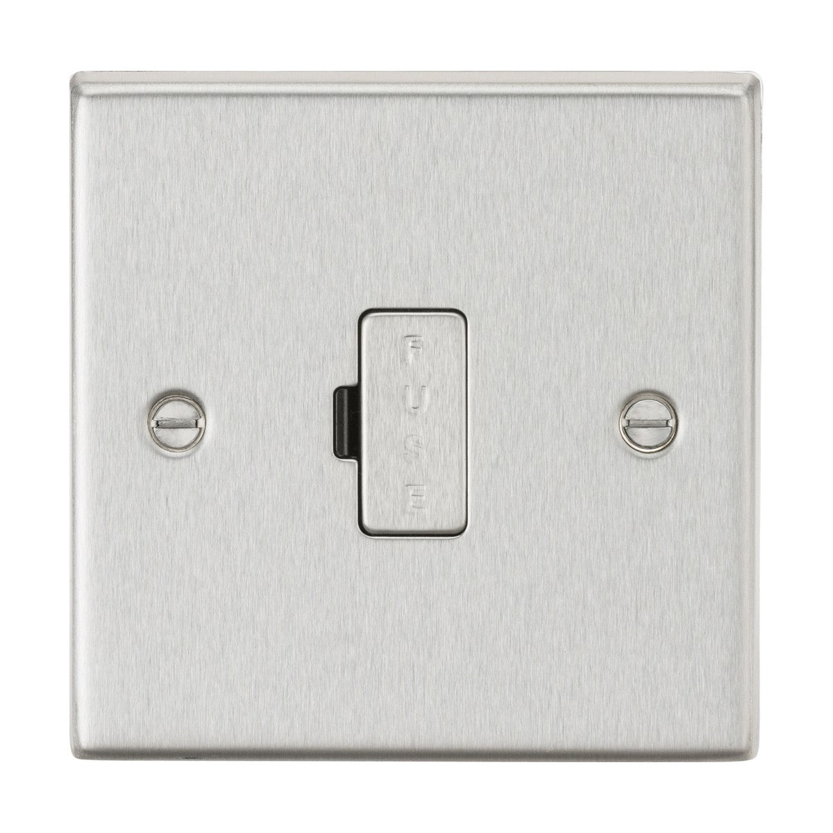 A close-up of the 13A Fused Spur Unit in brushed chrome highlights its square edge design with an integrated fuse. The surface is elegantly finished, featuring two screws on either side, and the fuse is prominently labeled vertically at the center.