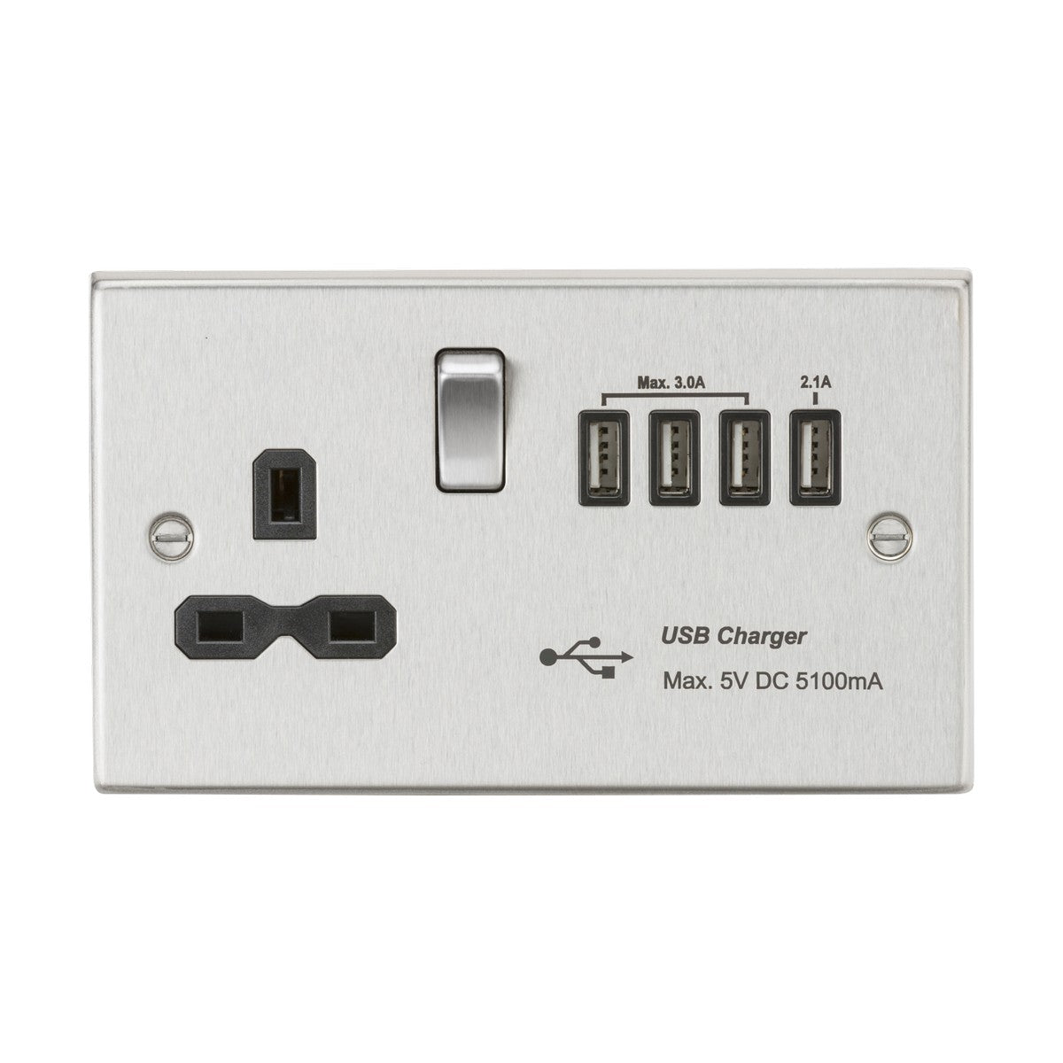 13A Switched Socket with Quad USB-A (5V DC 5.1A shared) - Brushed Chrome with Black Insert