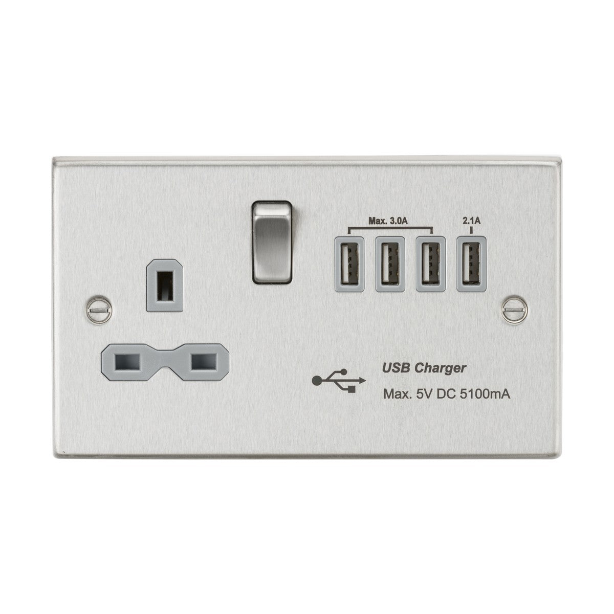 13A Switched Socket with Quad USB-A (5V DC 5.1A shared) - Brushed Chrome with Grey Insert