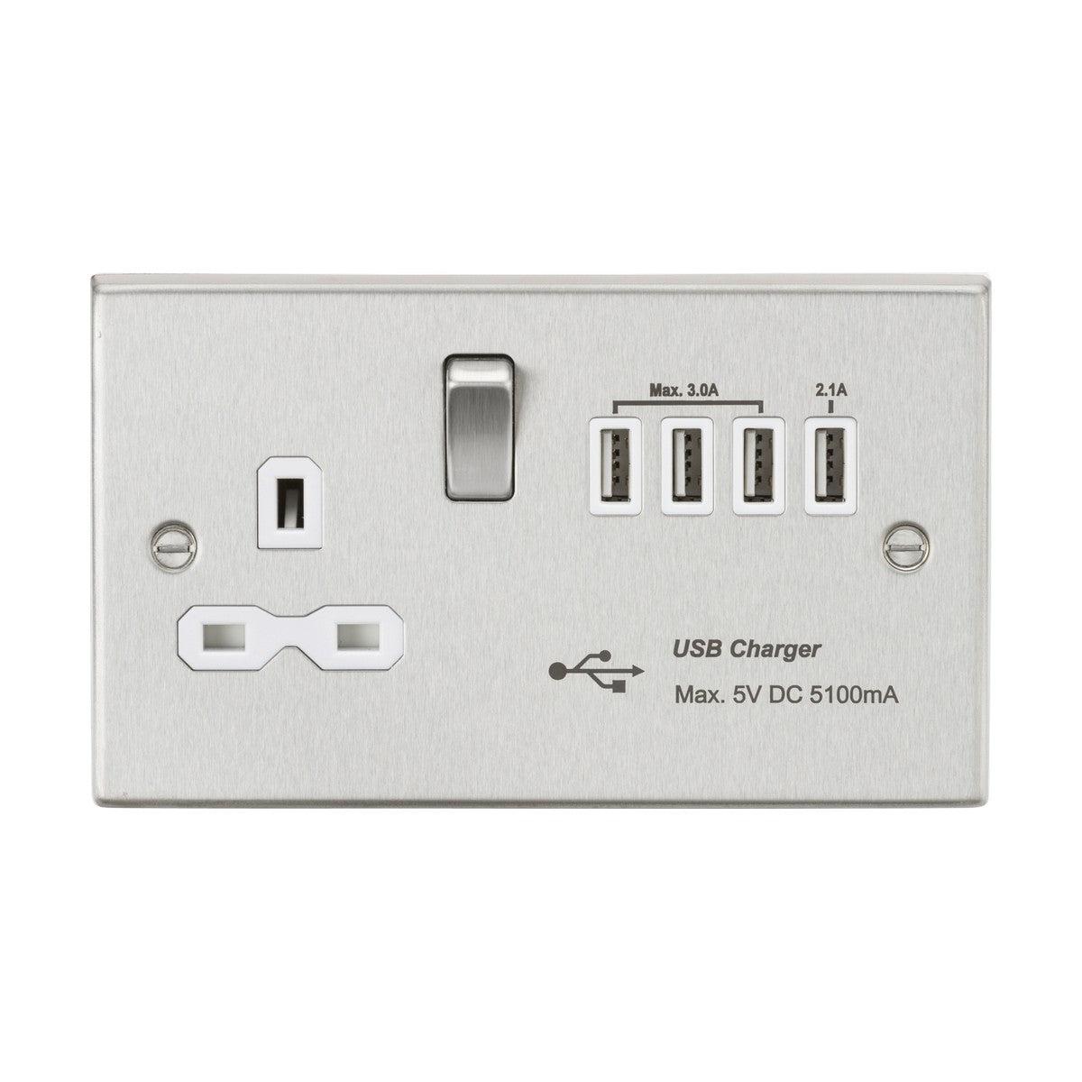 13A Switched Socket with Quad USB-A (5V DC 5.1A shared) - Brushed Chrome with White Insert